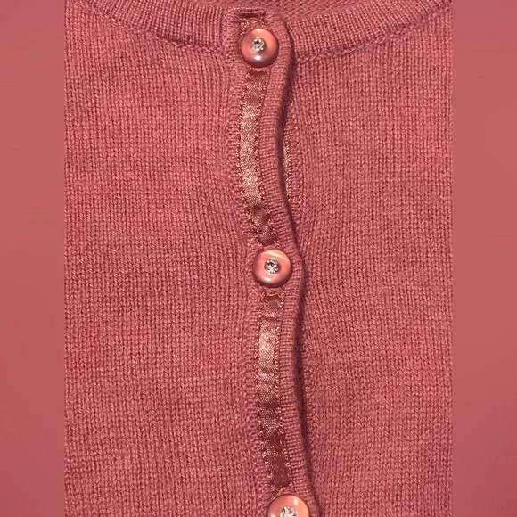 100% Cashmere Dusty Rose Crystal Button Dainty Ribbon 3/4 sleeve Cardigan XS - Picture 4 of 7